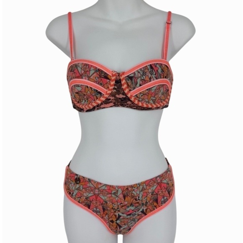 Maaji Bikini Set Size Small Pink Orange Geometric Print Swimsuit Tropical Beach